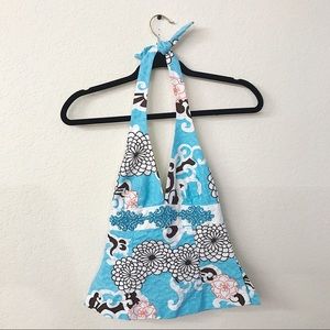 Trina Turk Blue Floral Beaded Halter Top